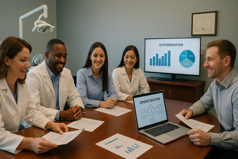 The image features a modern dental clinic facility showcasing a team meeting focused on operations systemization.