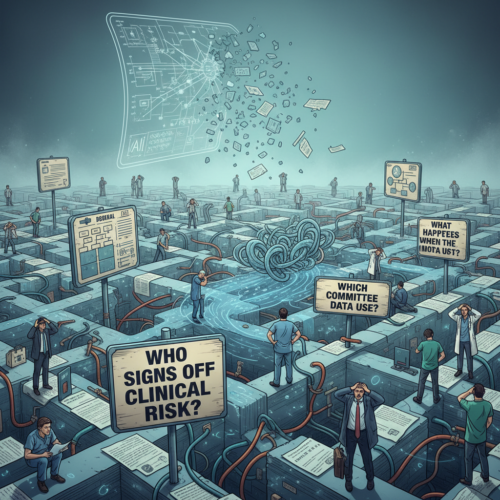 Title: "The Governance Maze in Healthcare AI Projects" **Visual Style**: A conceptual illustration fits best for this visualization.