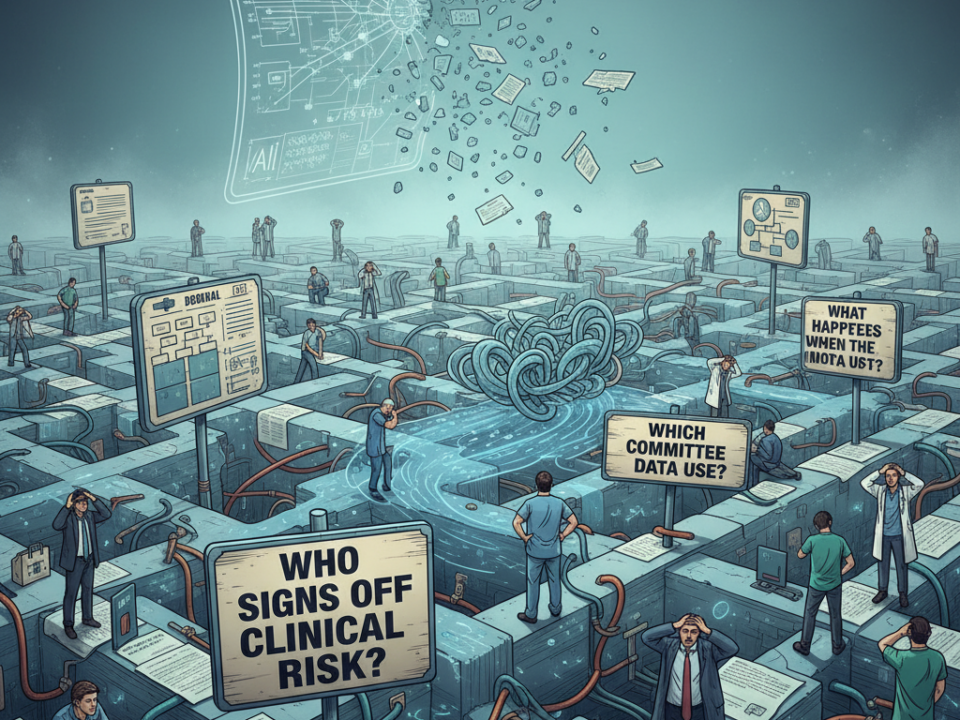 Title: "The Governance Maze in Healthcare AI Projects" **Visual Style**: A conceptual illustration fits best for this visualization.