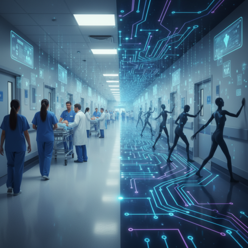 **Visual Style**: A conceptual illustration is chosen for its ability to abstractly convey complex ideas, such as invisible AI risks, bias, and security vulnerabilities in a healthcare setting.