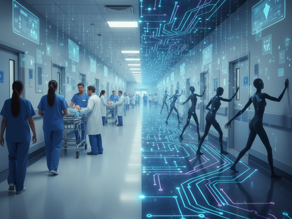 **Visual Style**: A conceptual illustration is chosen for its ability to abstractly convey complex ideas, such as invisible AI risks, bias, and security vulnerabilities in a healthcare setting.