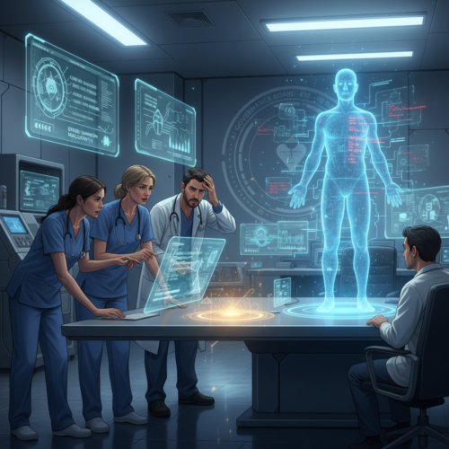 **Visual Style**: The visual style is a conceptual illustration with a touch of photo-realism, designed to vividly convey the abstract concepts of AI governance and oversight in healthcare.