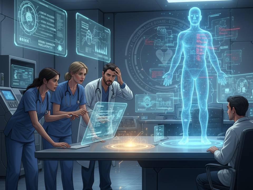 **Visual Style**: The visual style is a conceptual illustration with a touch of photo-realism, designed to vividly convey the abstract concepts of AI governance and oversight in healthcare.